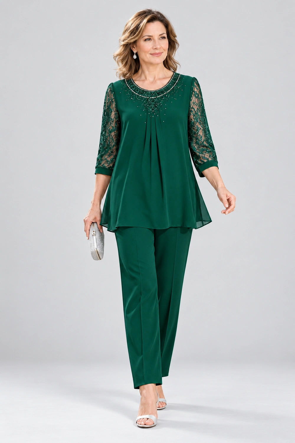Beaded-Neck Lace-Sleeve Chiffon Pant Suit