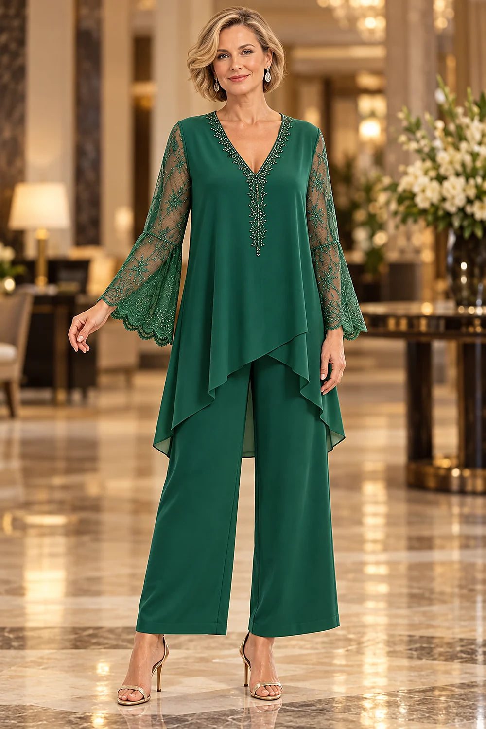 Beaded Lace V Neck Chiffon Pant Suit