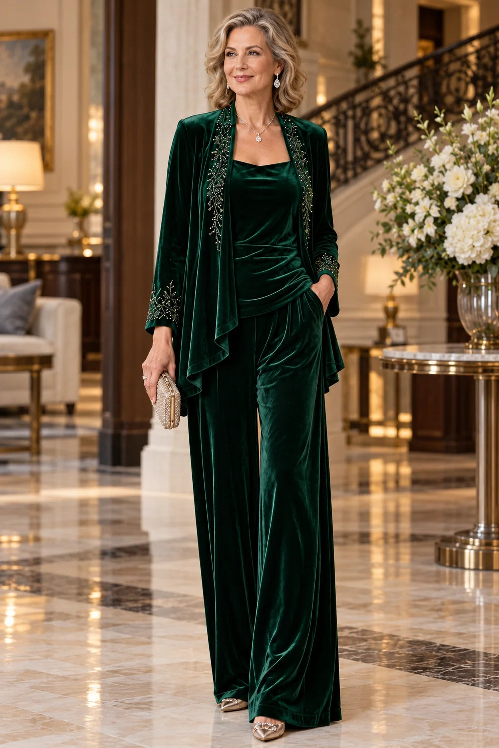 Emerald Green Embellished Jacket Mother of the Bride Pant Suit