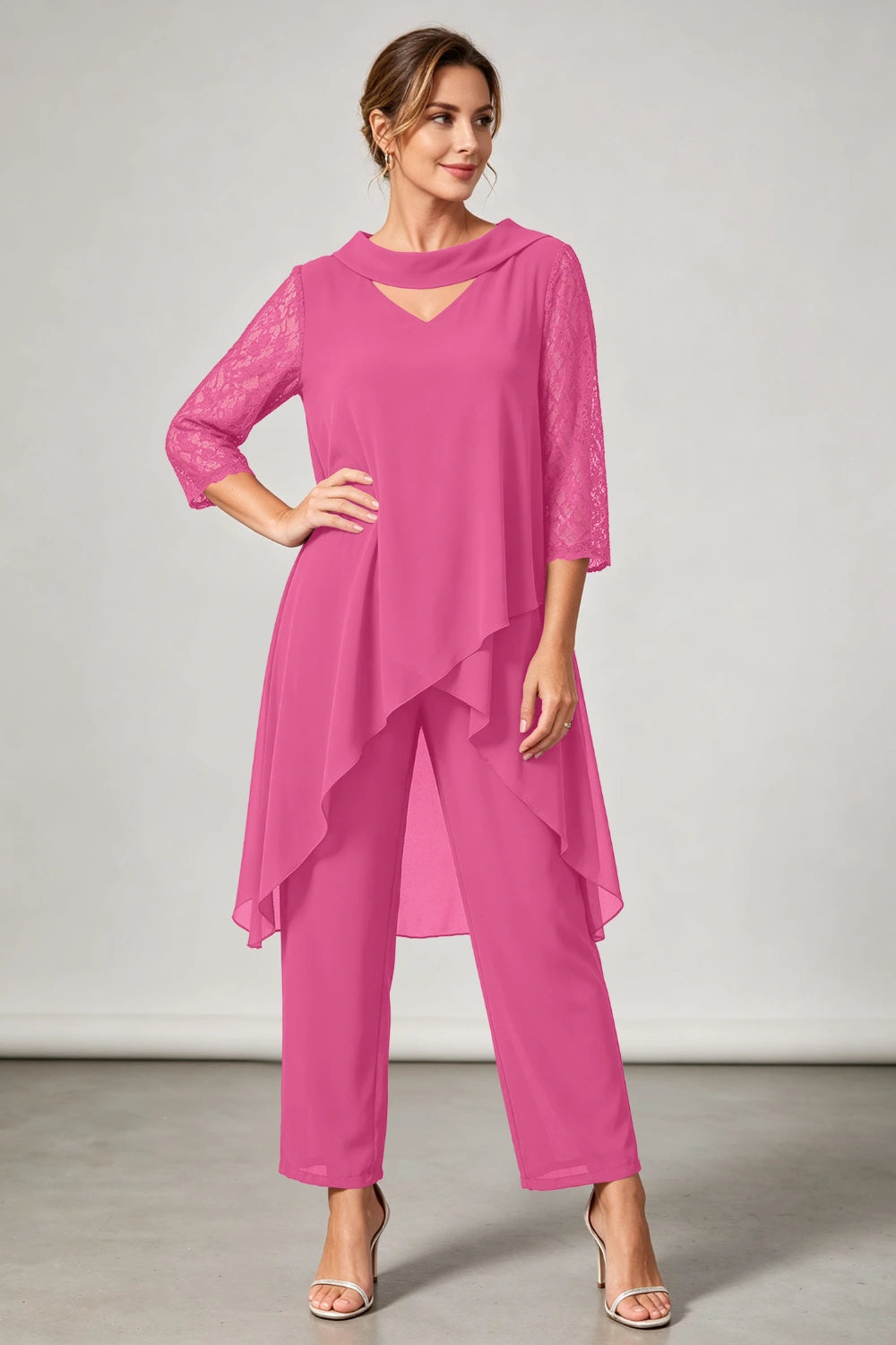Plum Beaded V Neck Lace Sleeve Chiffon Pant Suit