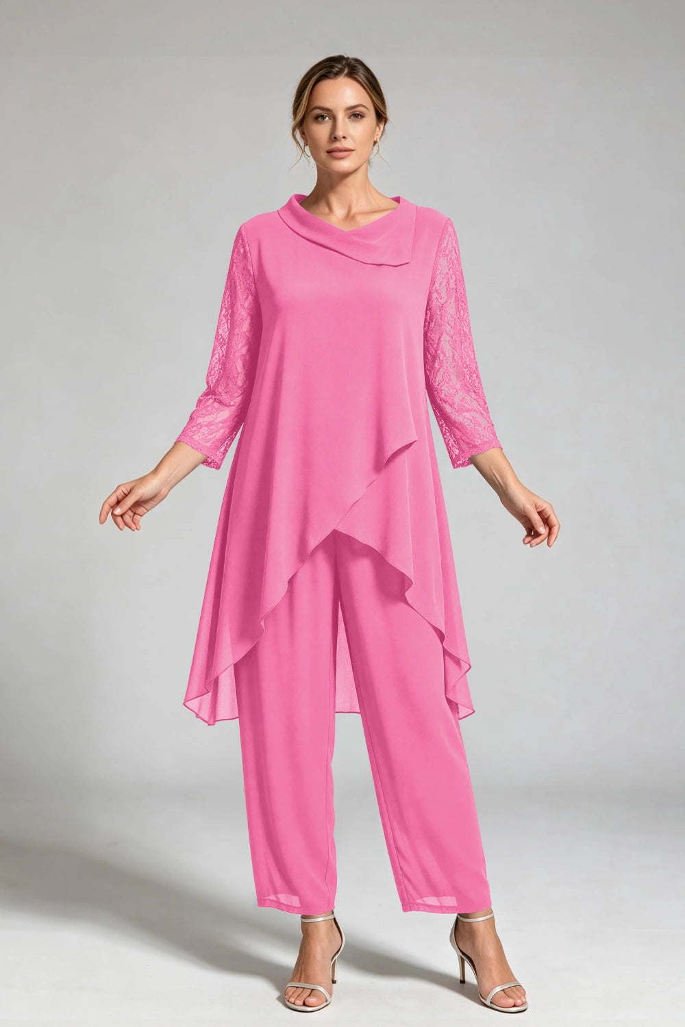 Peacock Blue Cowl Neck Lace Sleeve Chiffon Pant Suit