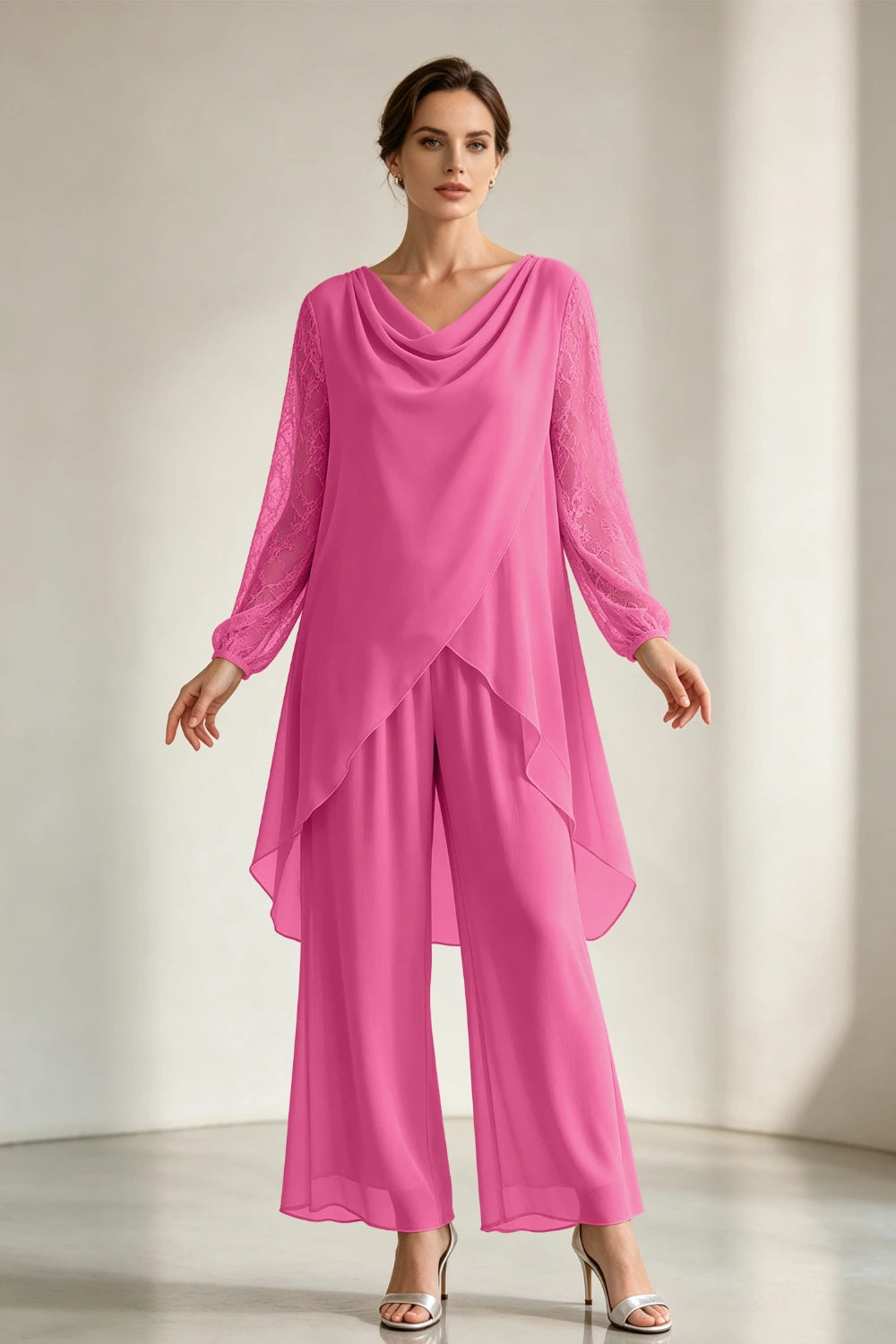 Champagne Draped Cowl Neck Chiffon Pant Suit
