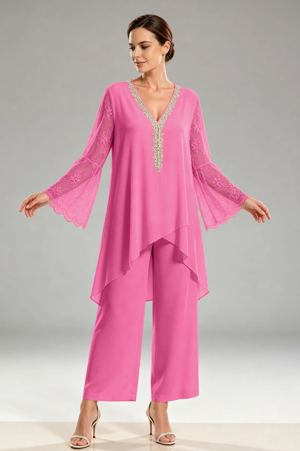 Ivory Beaded Lace V Neck Chiffon Pant Suit