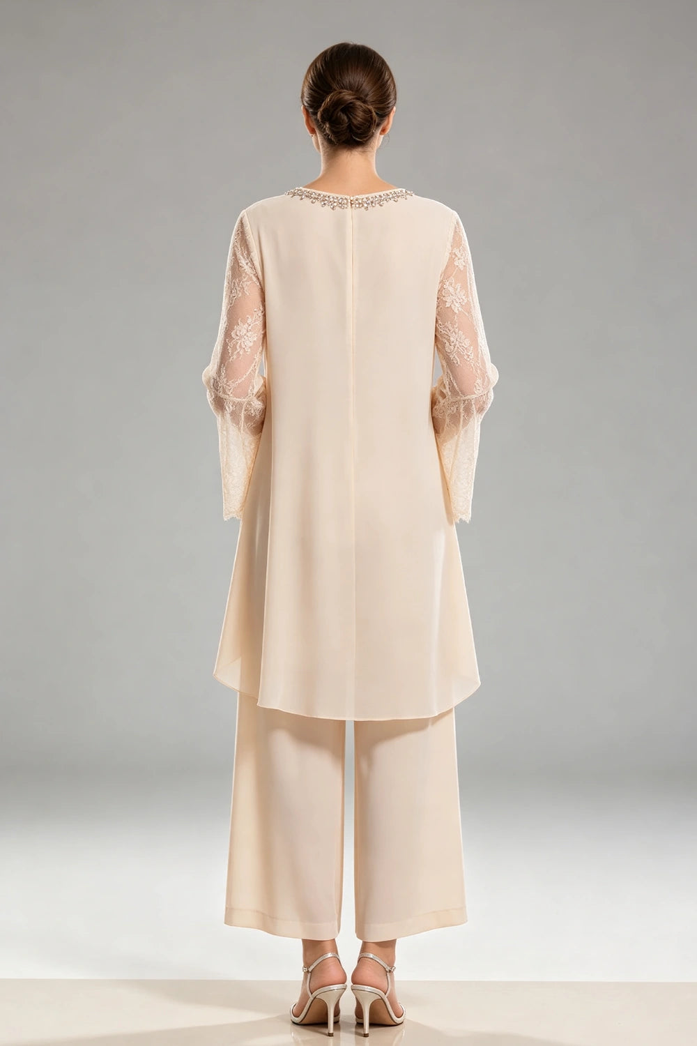 Ivory Beaded Lace V Neck Chiffon Pant Suit