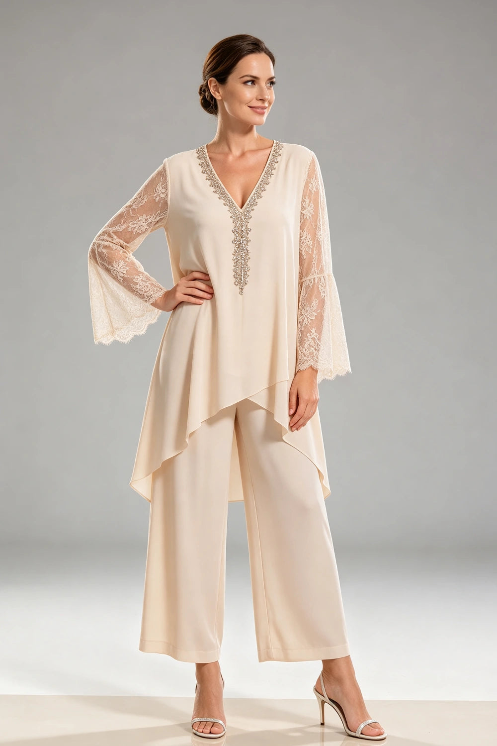 Ivory Beaded Lace V Neck Chiffon Pant Suit