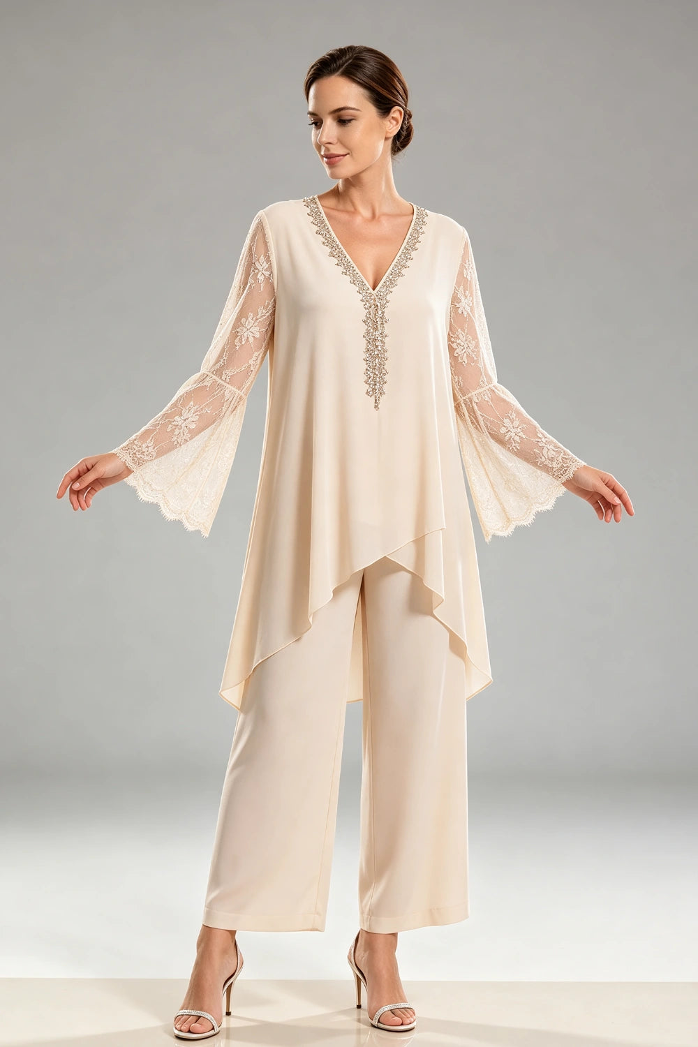 Ivory Beaded Lace V Neck Chiffon Pant Suit