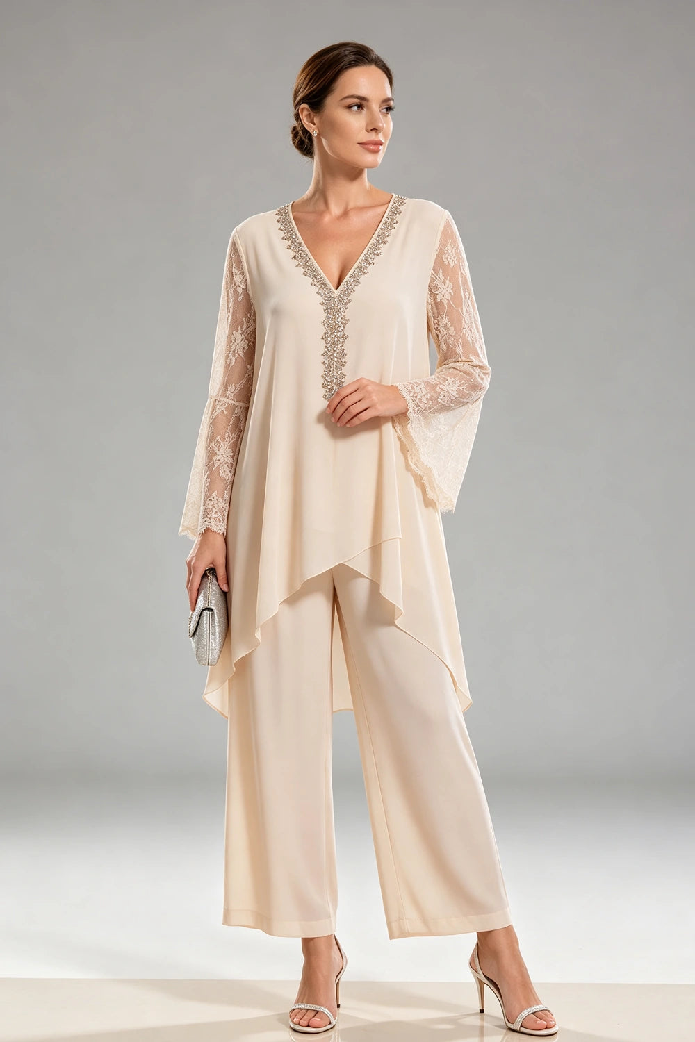 Ivory Beaded Lace V Neck Chiffon Pant Suit