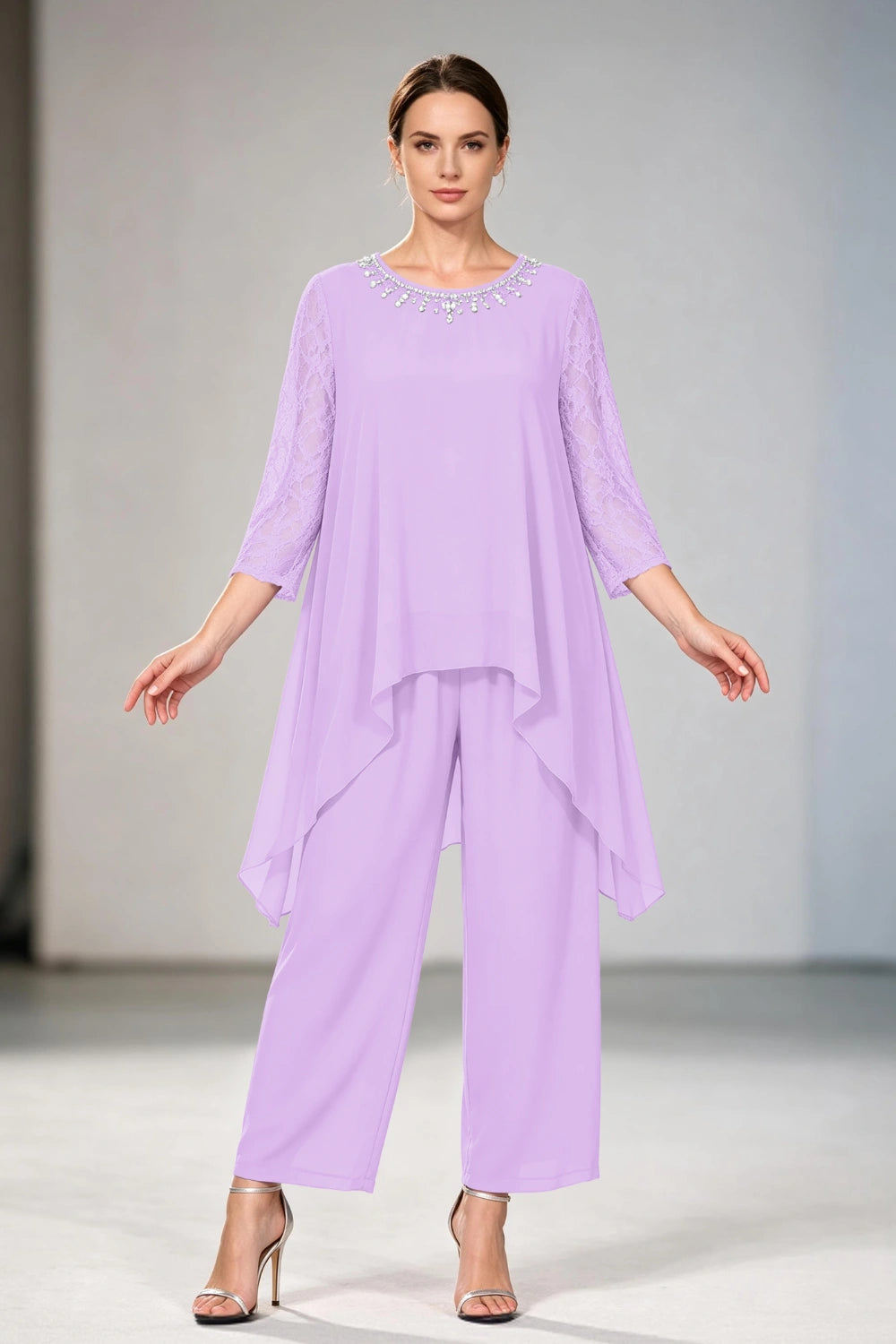 Dusty Lavender Lace-Sleeve Handkerchief-Hem Chiffon Pant Suit