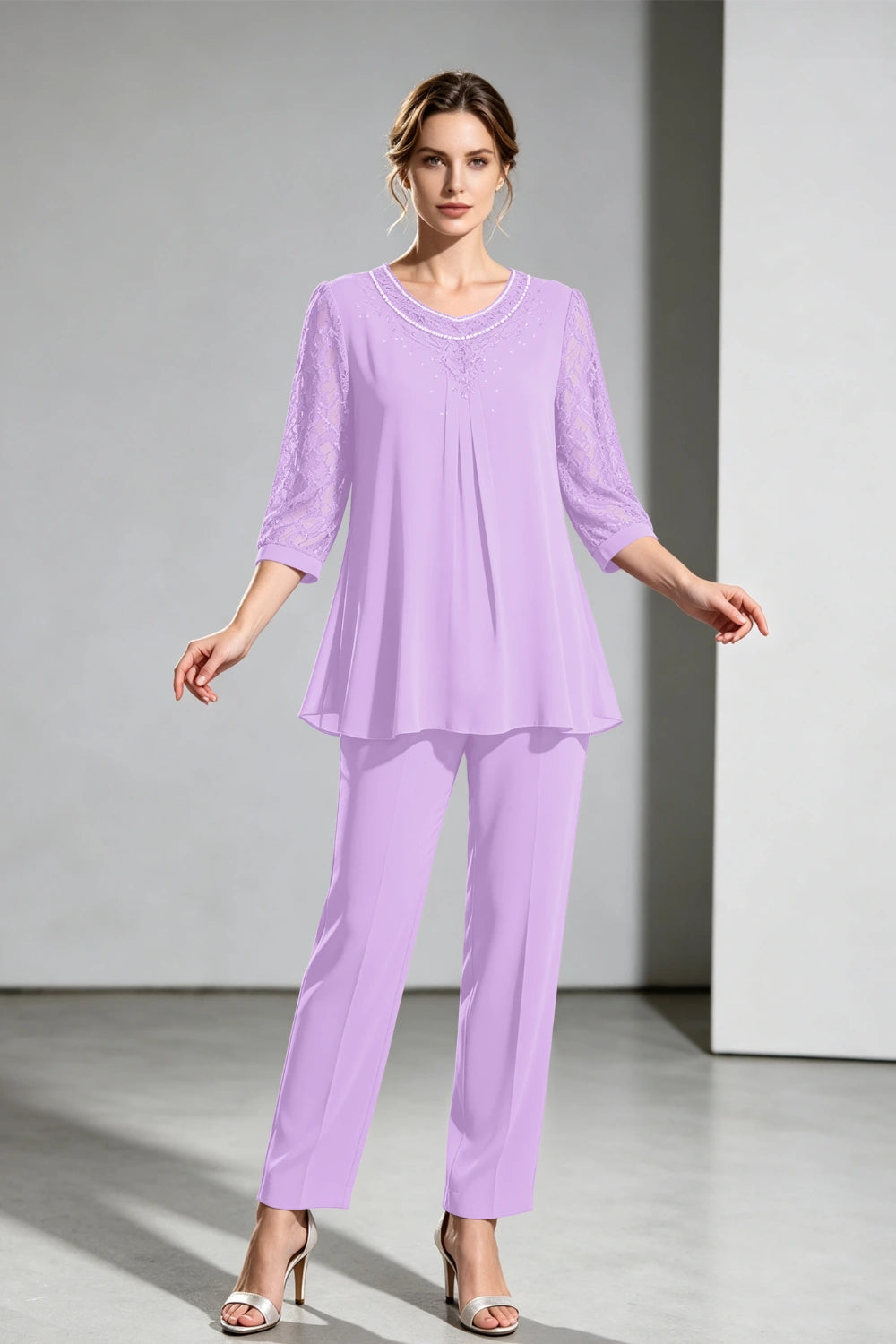 Navy Beaded-Neck Lace-Sleeve Chiffon Pant Suit