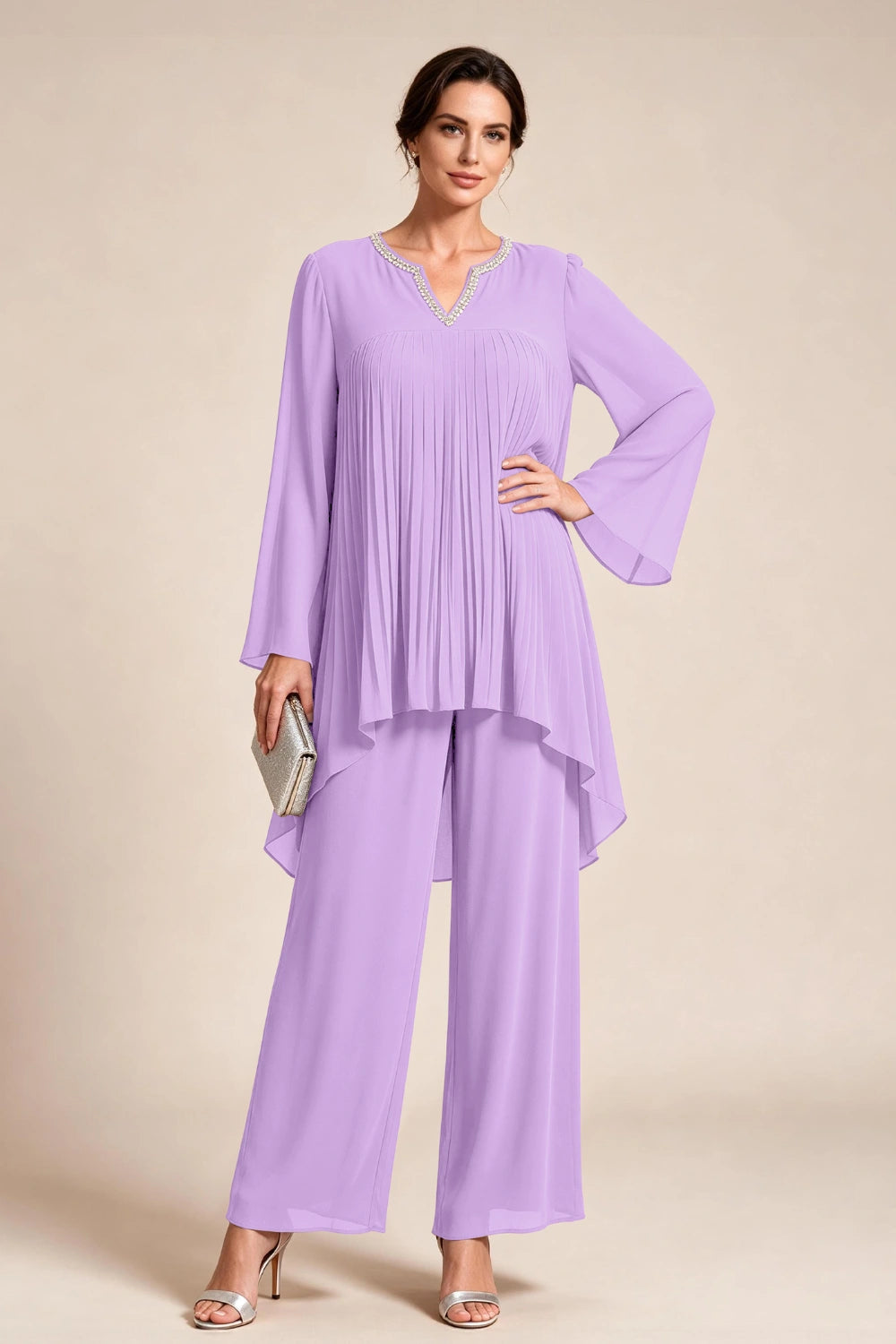 Beige Pleated-Bodice Chiffon Pant Suit