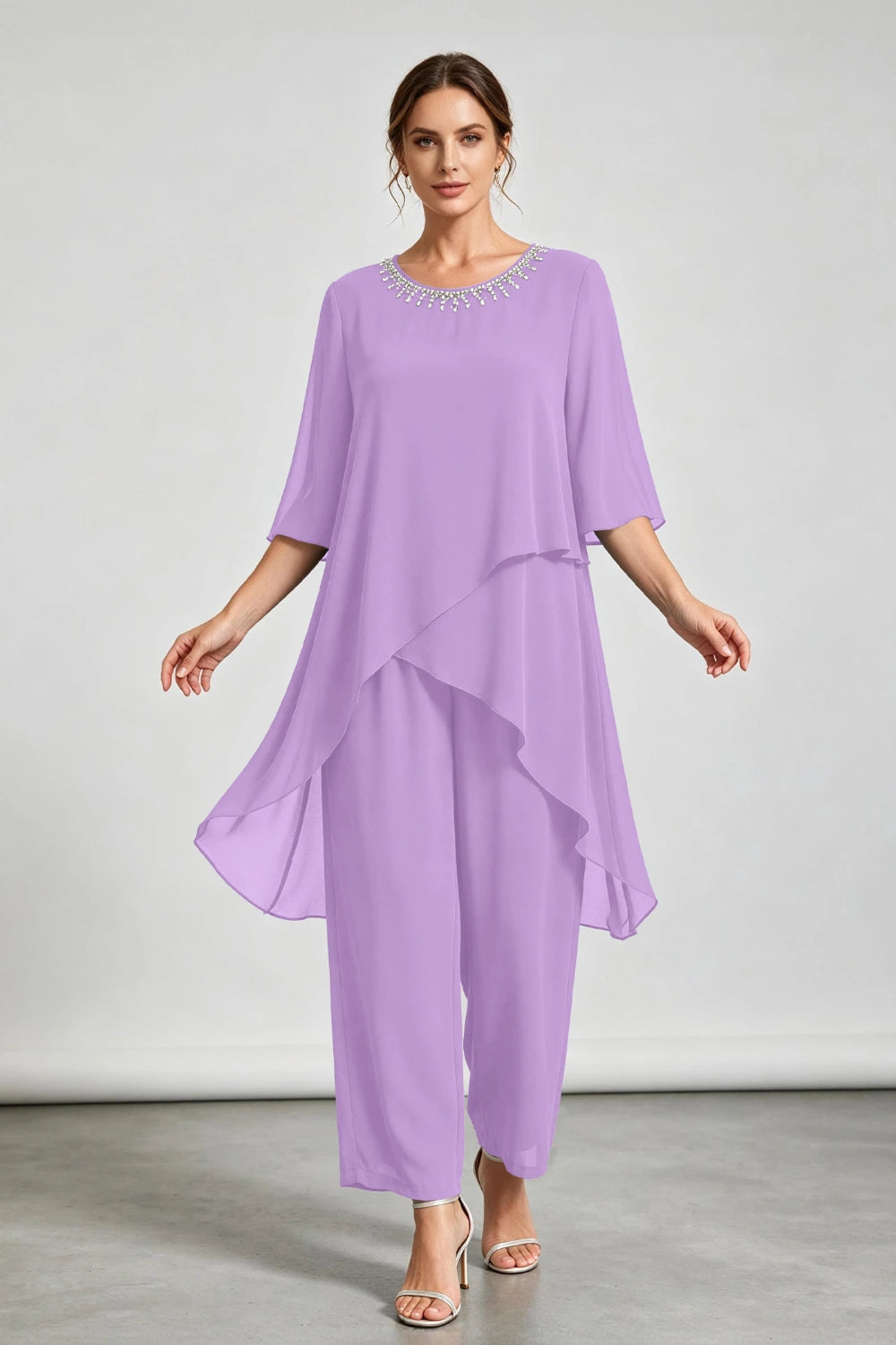 Peacock Blue Asymmetric Ruffle Chiffon Pant Suit