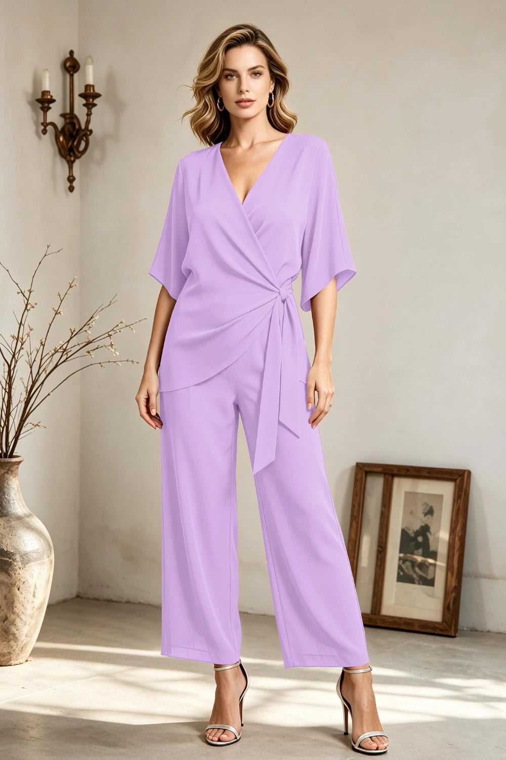 Copper Brown V-Neck Side-Tie Chiffon Pant Suit