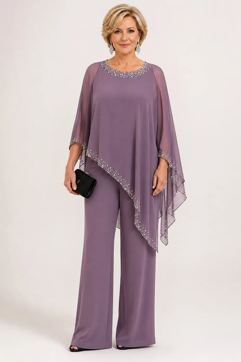 Beaded Chiffon Cape Formal Pant Suit with Wide Legs
