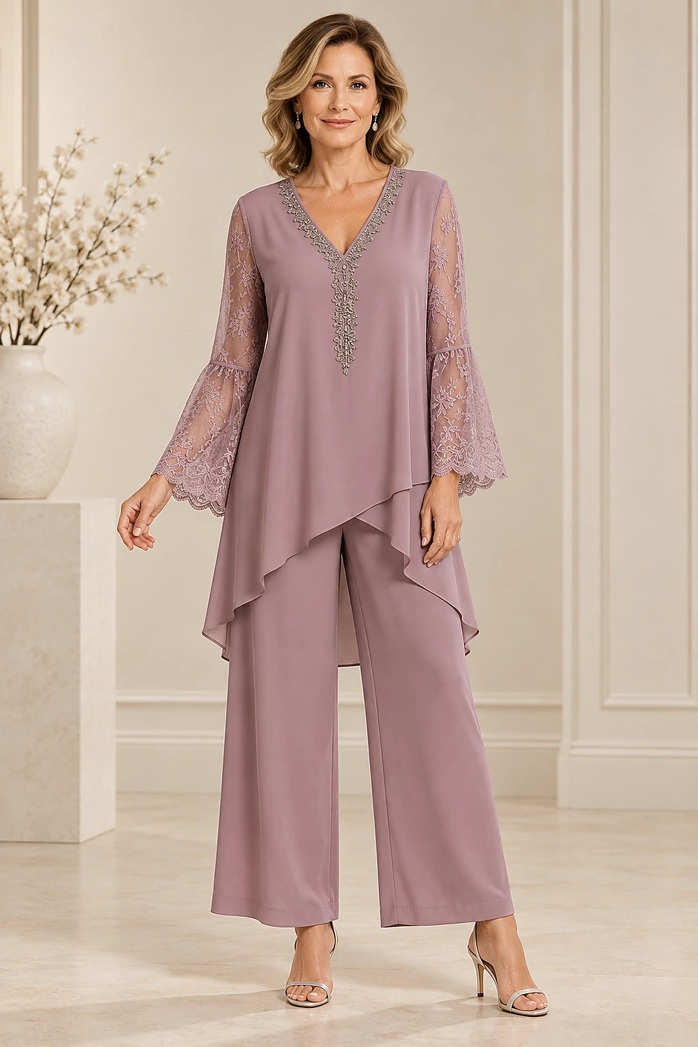 Beaded Lace V Neck Chiffon Pant Suit
