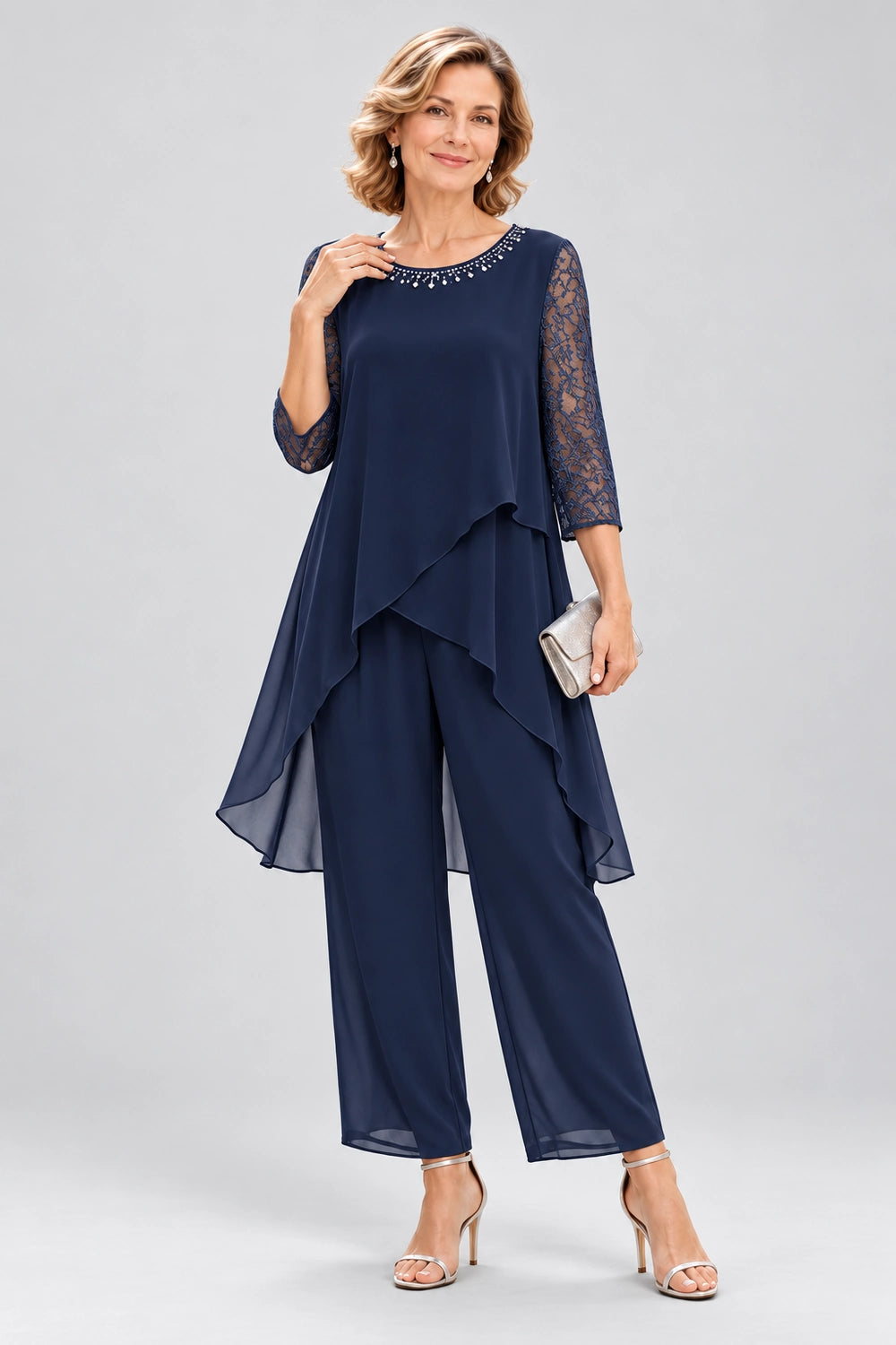 Cross-Tier Lace-Sleeve Chiffon Pant Suit