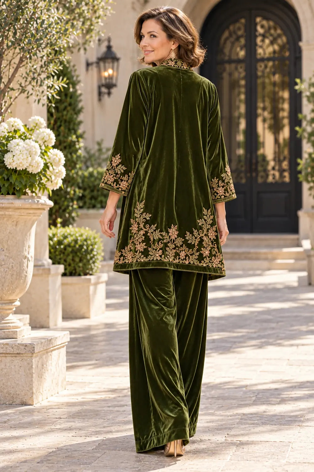 Olive Green Floral Border Mother of the Bride Pant Suit