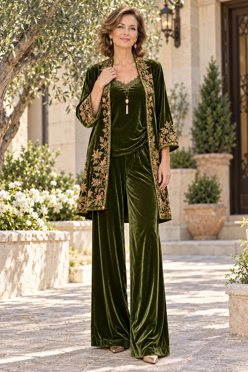 Olive Green Floral Border Mother of the Bride Pant Suit