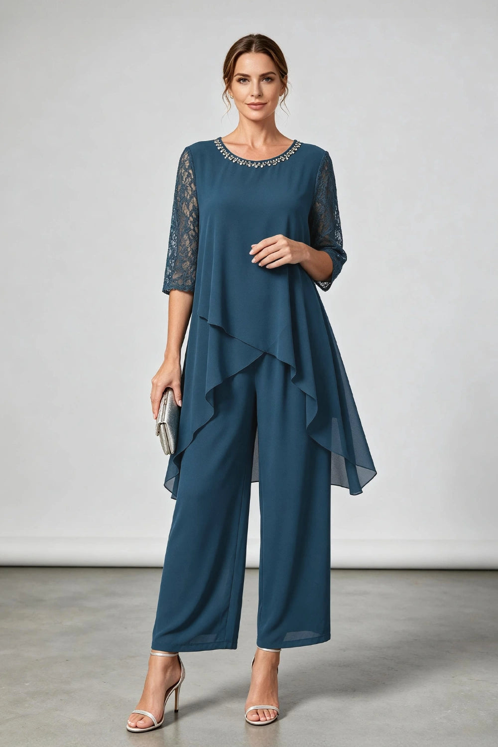 Peacock Blue Beaded-Neck Tiered Chiffon Pant Suit