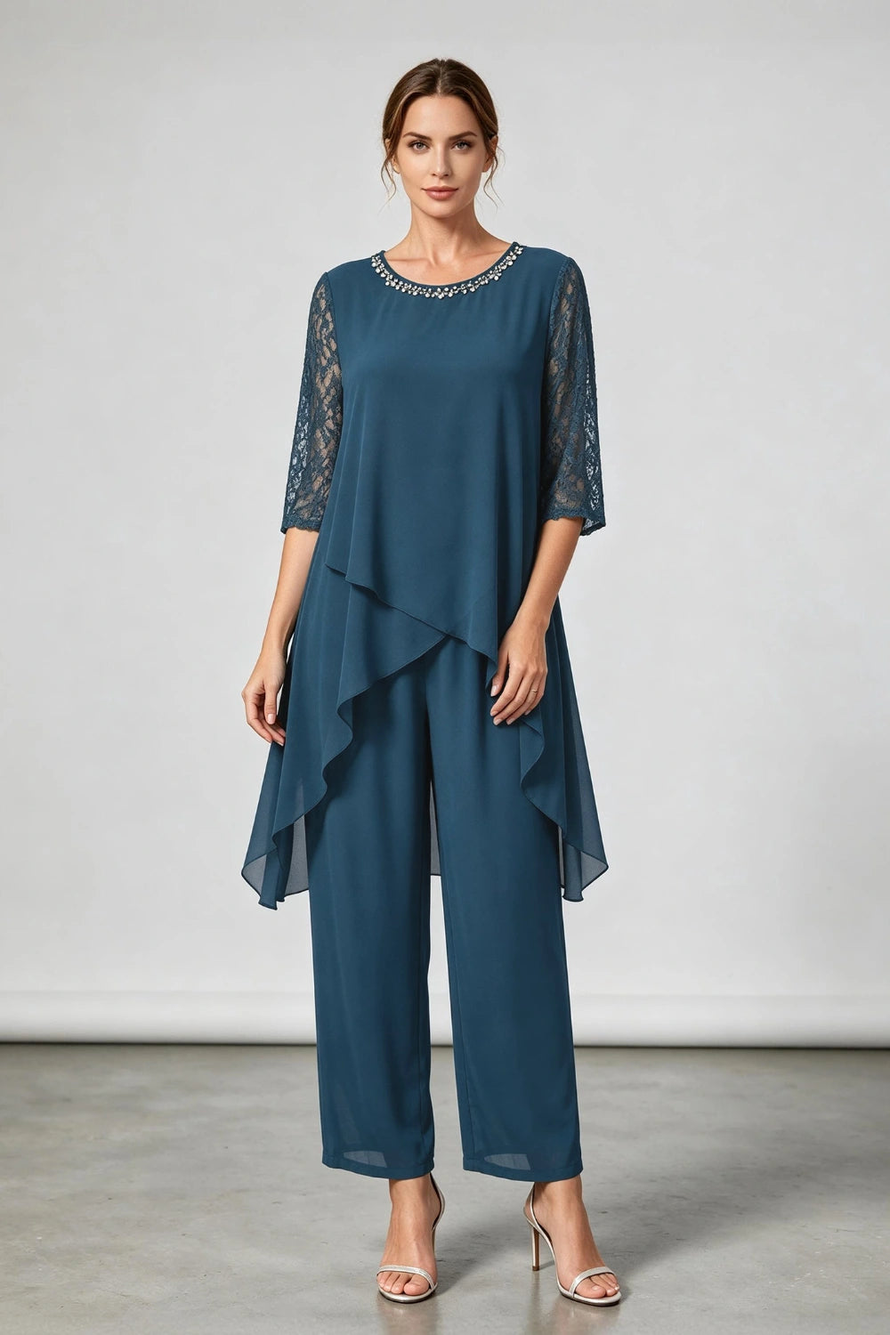 Peacock Blue Beaded-Neck Tiered Chiffon Pant Suit