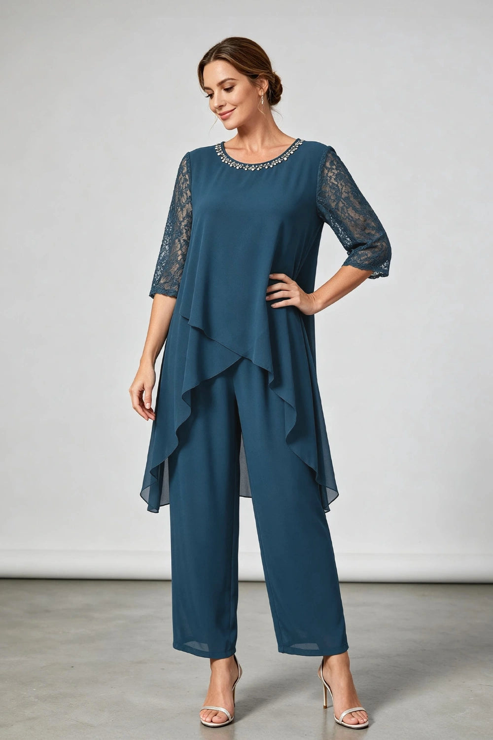 Peacock Blue Beaded-Neck Tiered Chiffon Pant Suit
