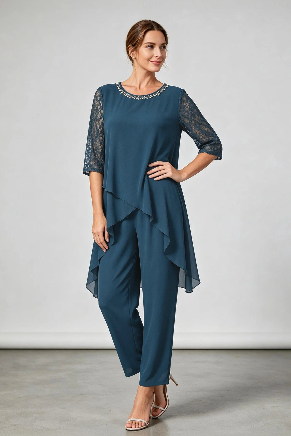 Peacock Blue Beaded-Neck Tiered Chiffon Pant Suit