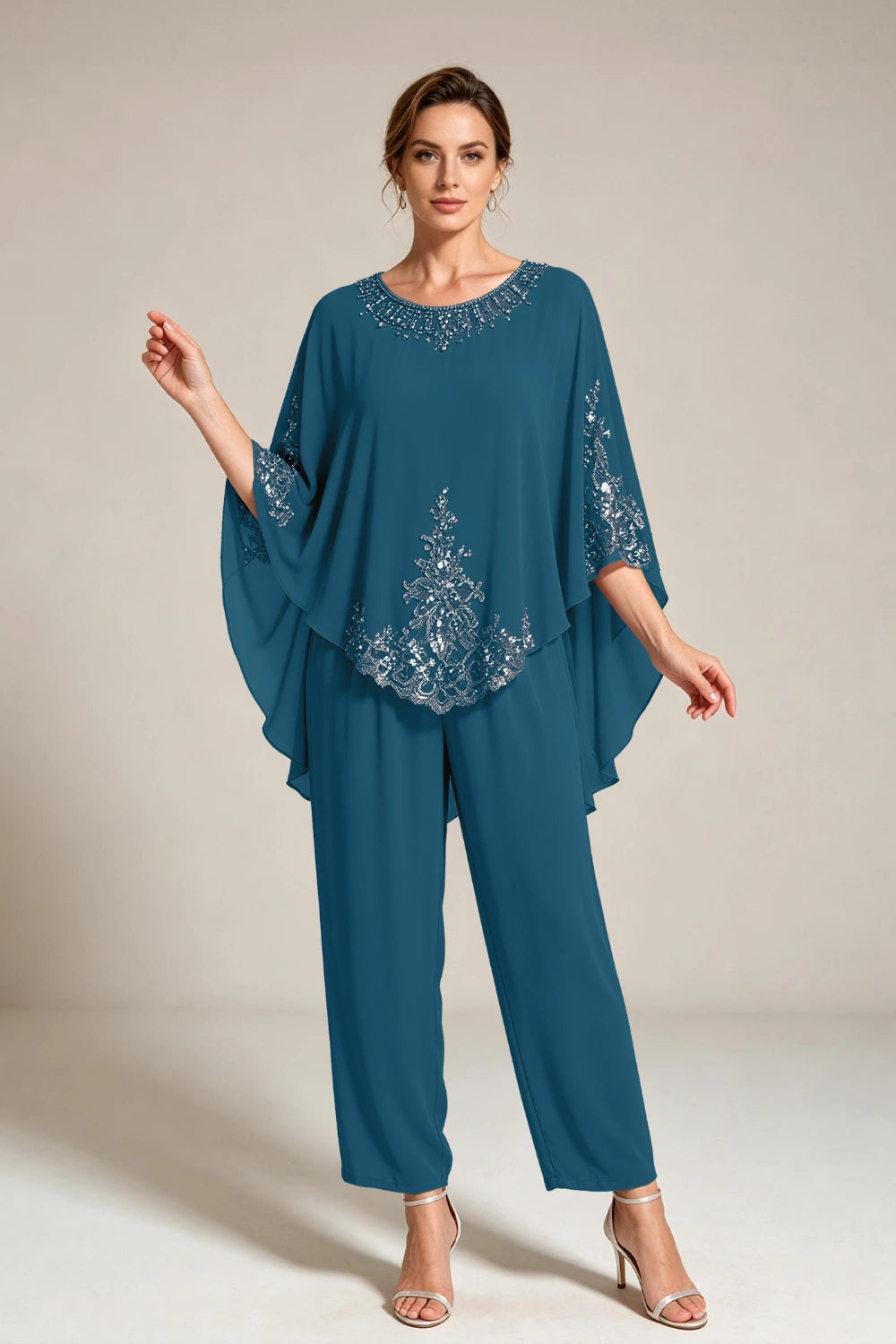 Beige Beaded-Lace Cape-Sleeve Chiffon Pant Suit