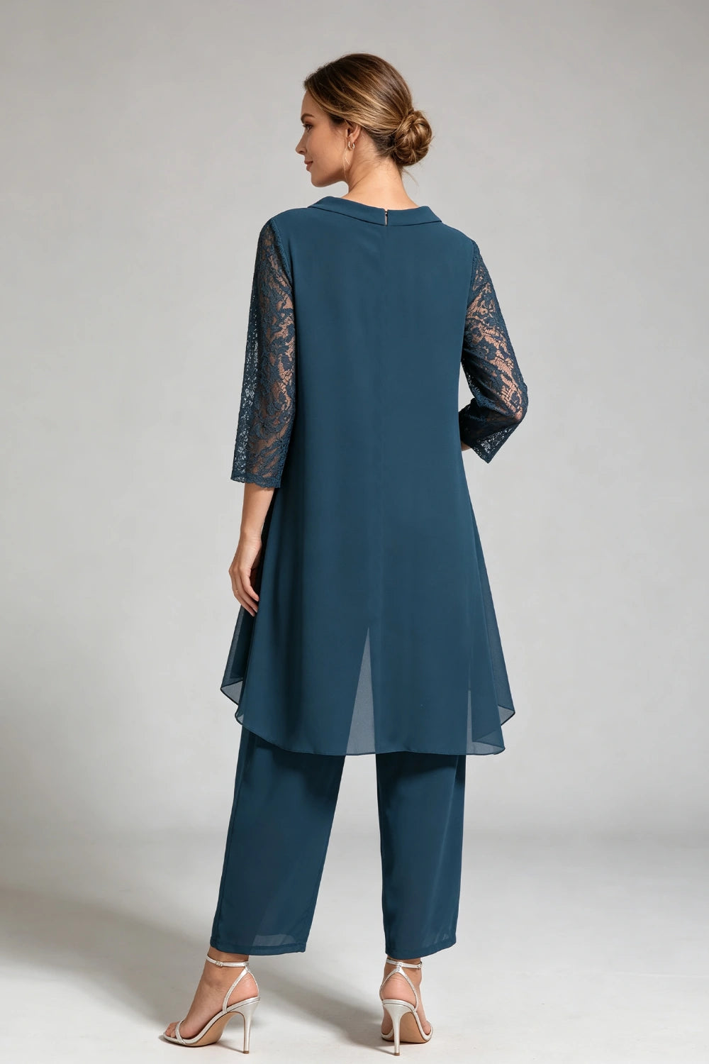 Peacock Blue Cowl Neck Lace Sleeve Chiffon Pant Suit