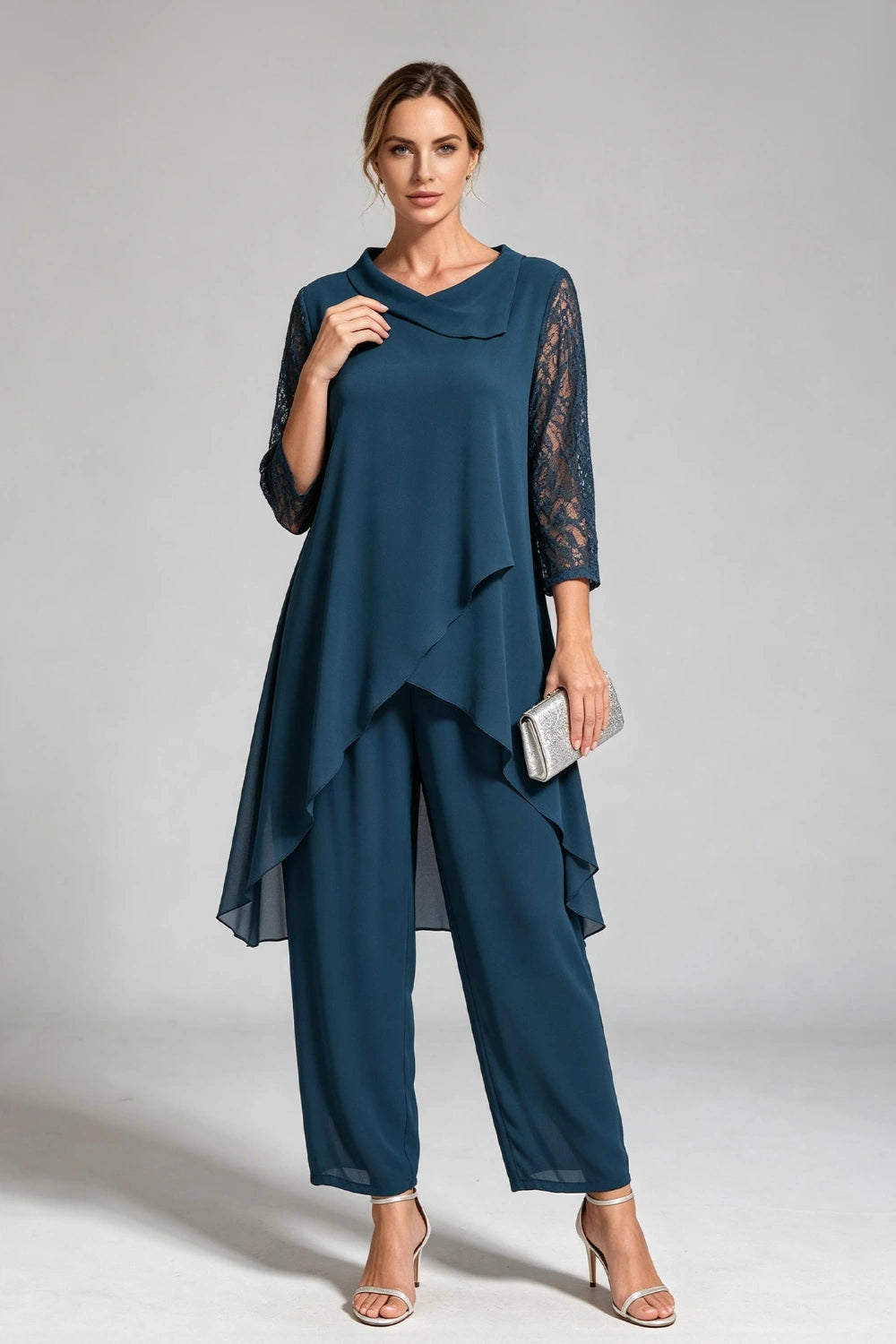 Peacock Blue Cowl Neck Lace Sleeve Chiffon Pant Suit
