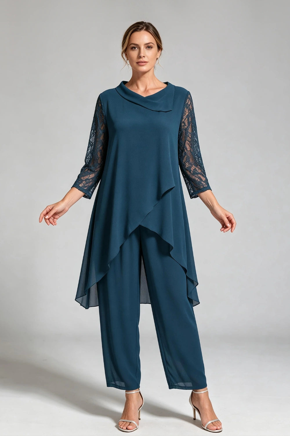 Peacock Blue Cowl Neck Lace Sleeve Chiffon Pant Suit