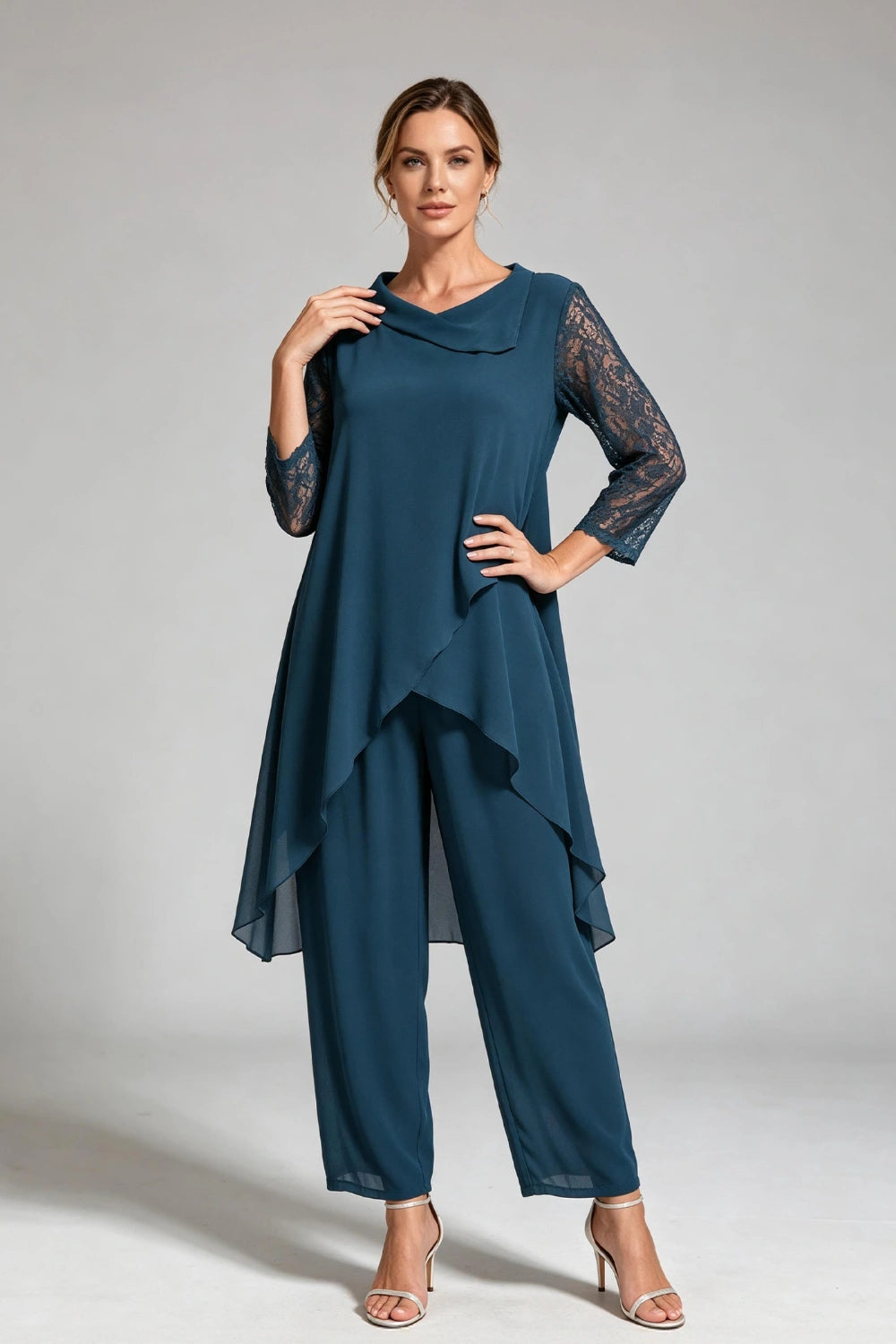 Peacock Blue Cowl Neck Lace Sleeve Chiffon Pant Suit