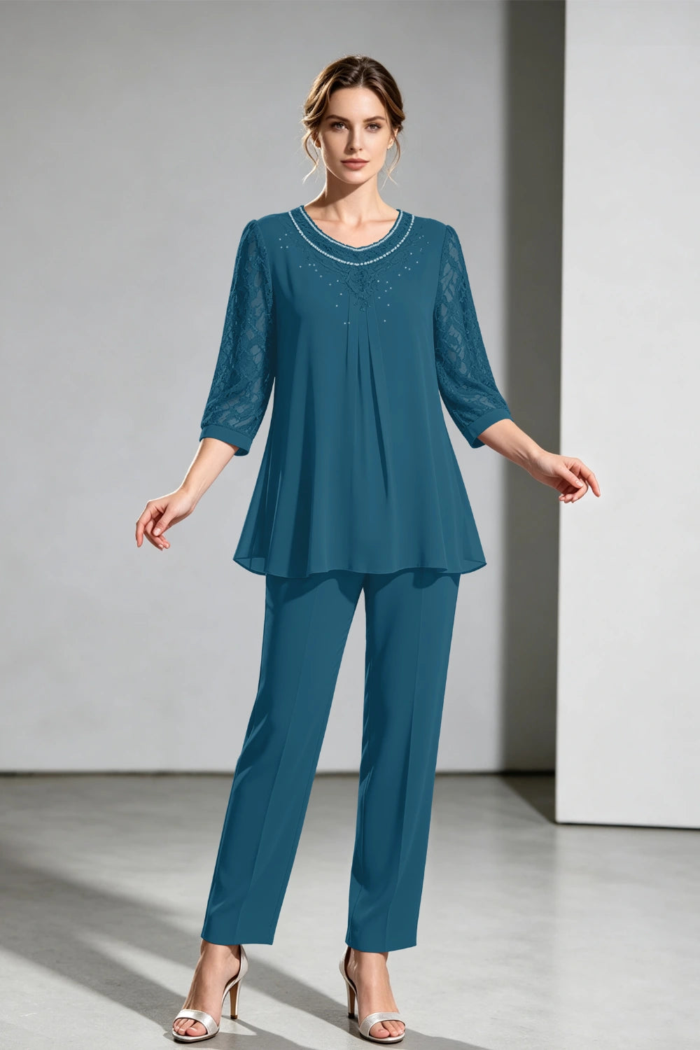 Navy Beaded-Neck Lace-Sleeve Chiffon Pant Suit