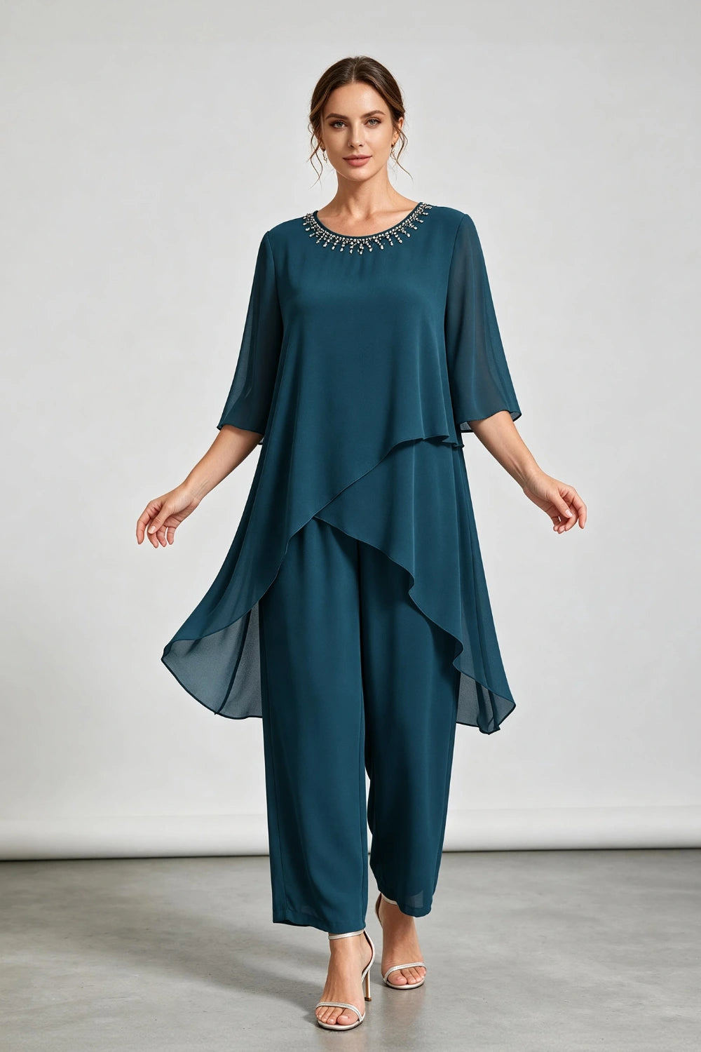 Peacock Blue Asymmetric Ruffle Chiffon Pant Suit
