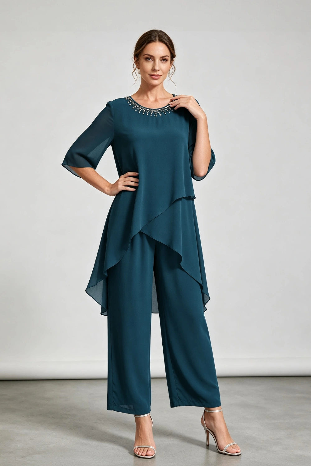 Peacock Blue Asymmetric Ruffle Chiffon Pant Suit