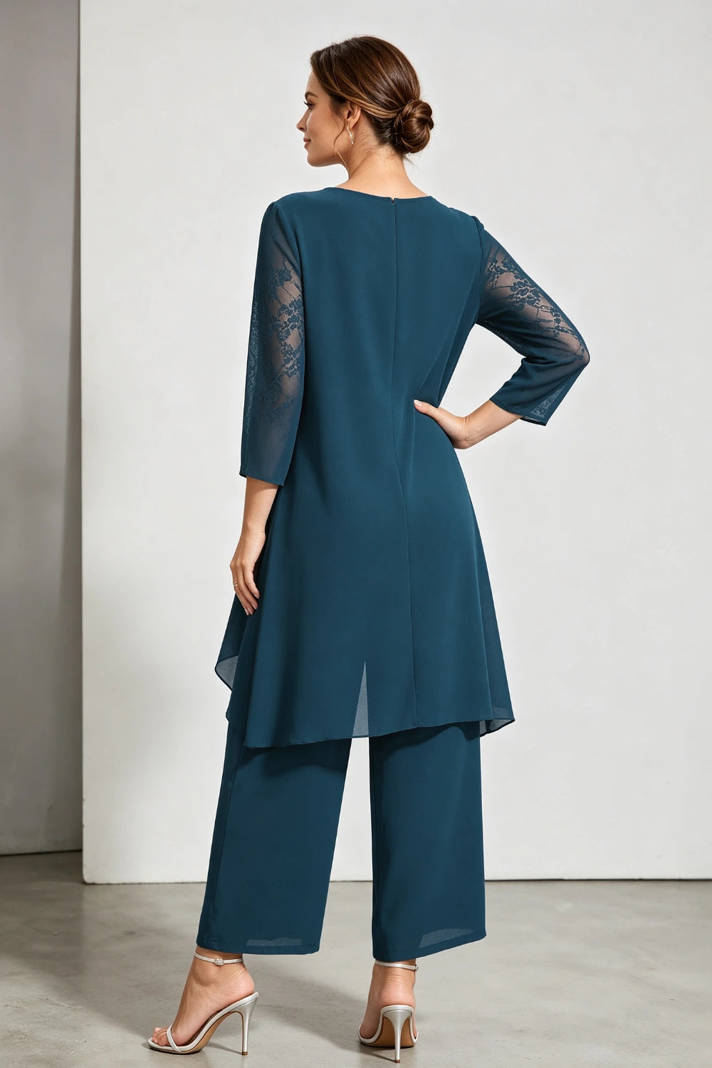 Peacock Blue Scoop Neck Tiered Chiffon Pant Suit