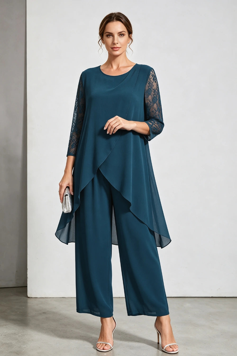 Peacock Blue Scoop Neck Tiered Chiffon Pant Suit