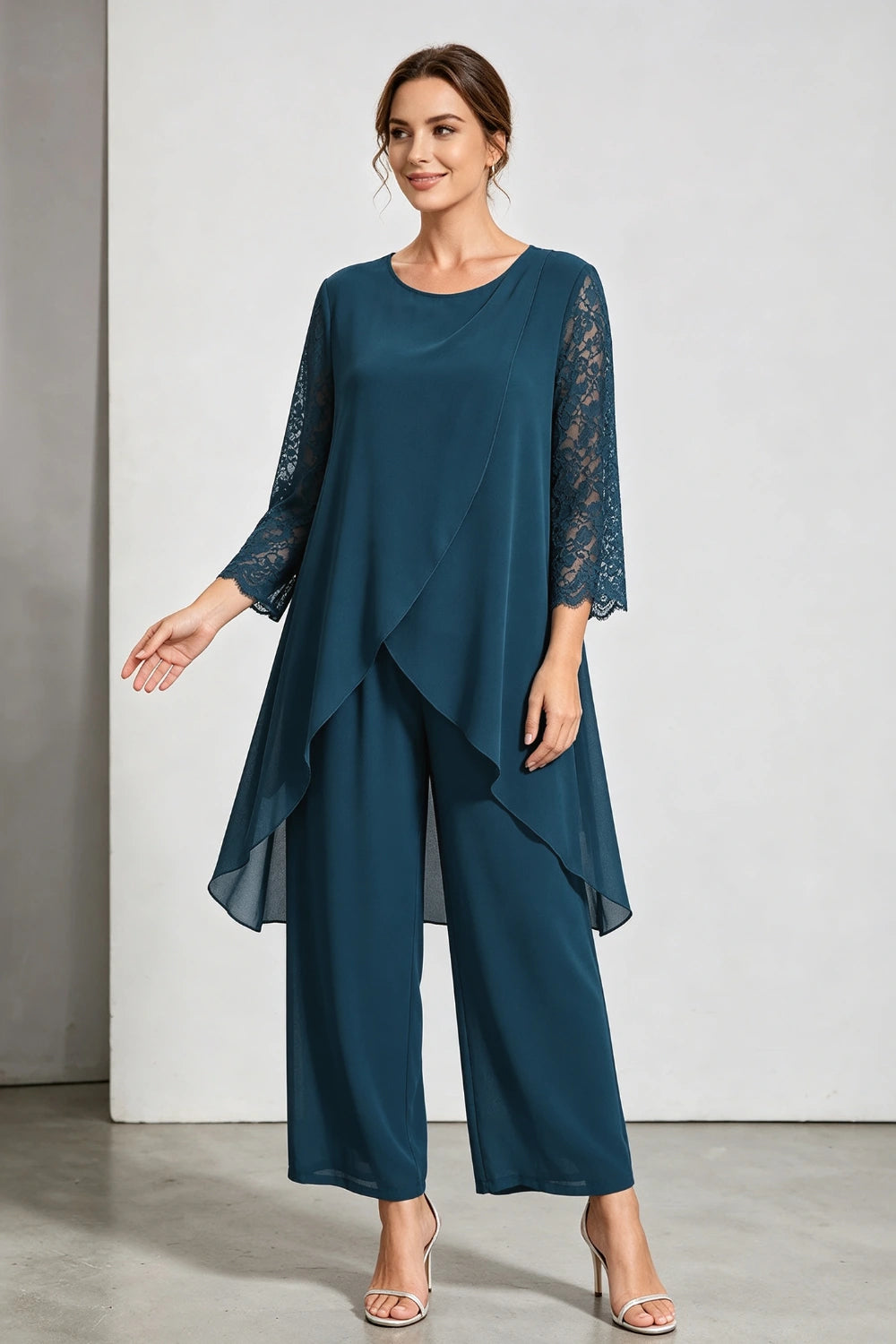 Peacock Blue Scoop Neck Tiered Chiffon Pant Suit