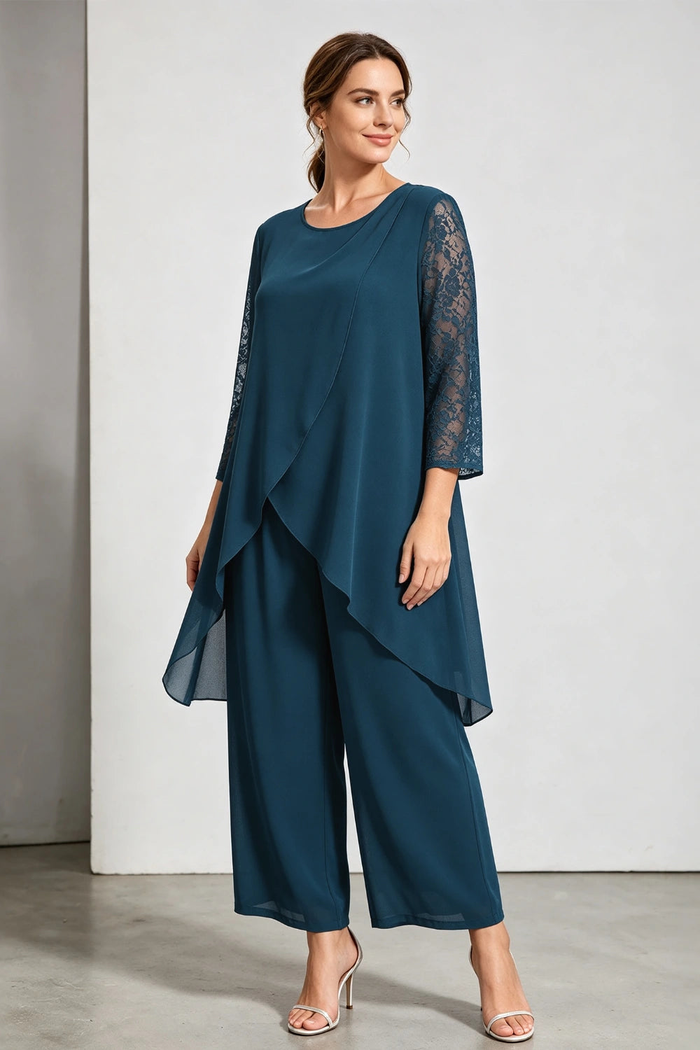 Peacock Blue Scoop Neck Tiered Chiffon Pant Suit