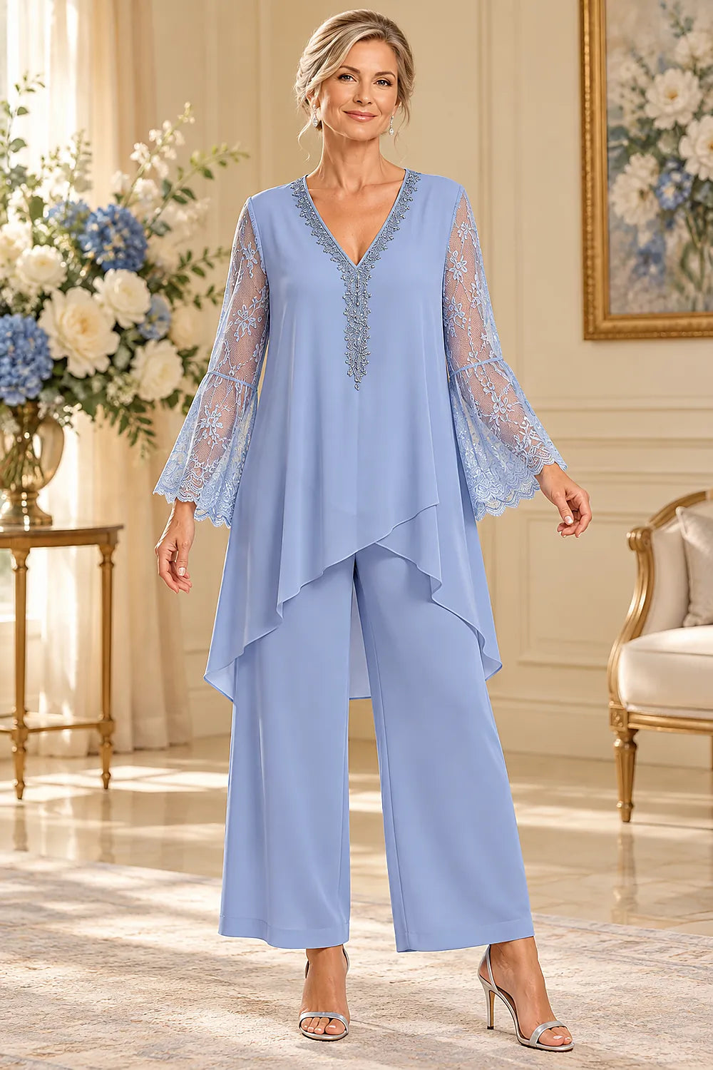 Beaded Lace V Neck Chiffon Pant Suit