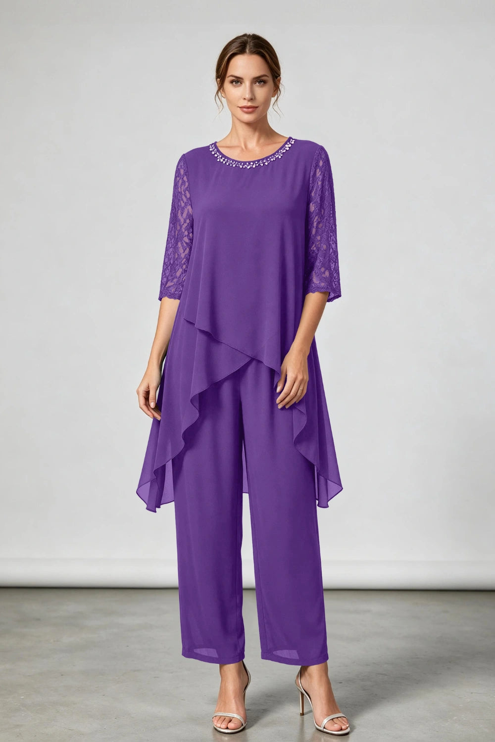 Peacock Blue Beaded-Neck Tiered Chiffon Pant Suit