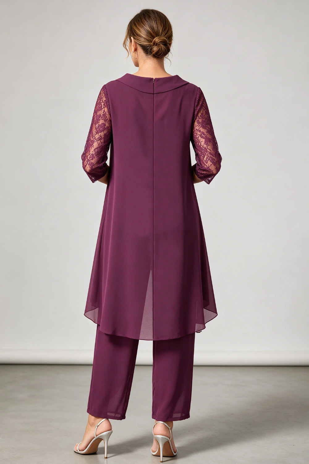 Plum Beaded V Neck Lace Sleeve Chiffon Pant Suit