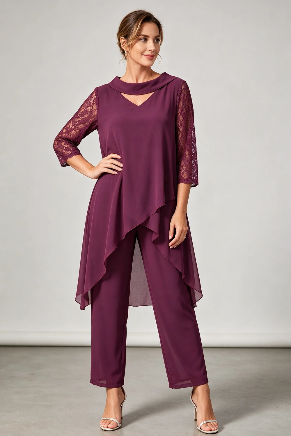 Plum Beaded V Neck Lace Sleeve Chiffon Pant Suit