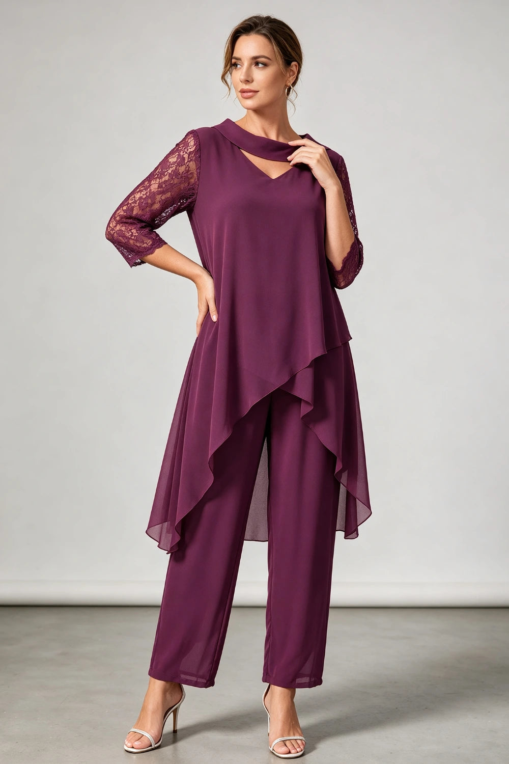 Plum Beaded V Neck Lace Sleeve Chiffon Pant Suit