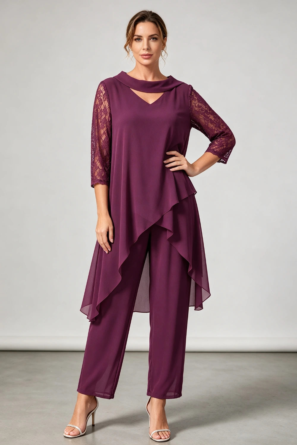 Plum Beaded V Neck Lace Sleeve Chiffon Pant Suit