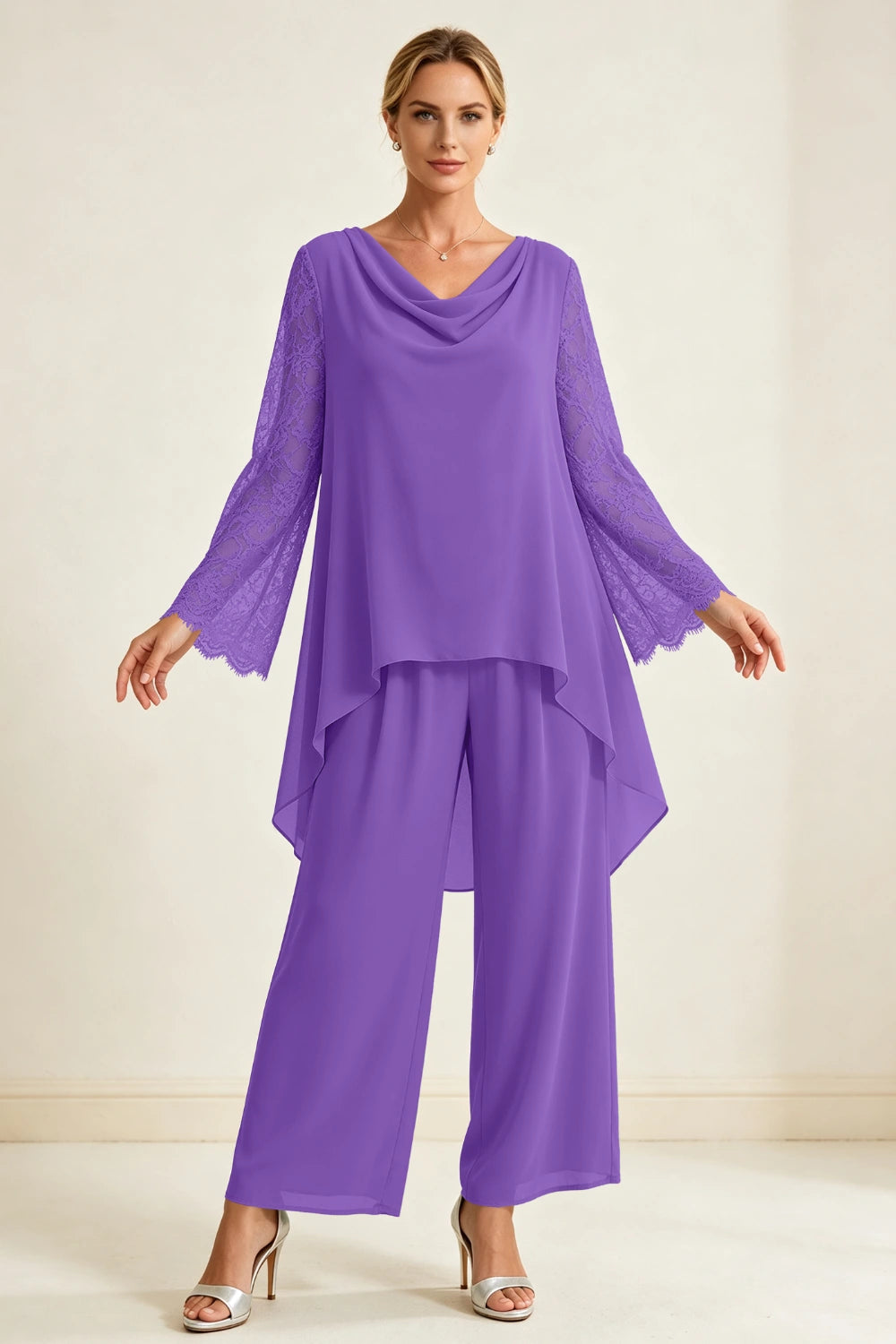 Dusty Sage Beaded Cowl Neck Chiffon Pant Suit