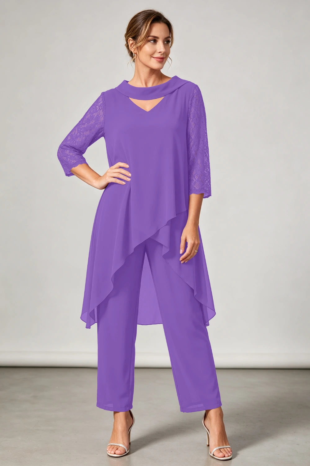 Plum Beaded V Neck Lace Sleeve Chiffon Pant Suit