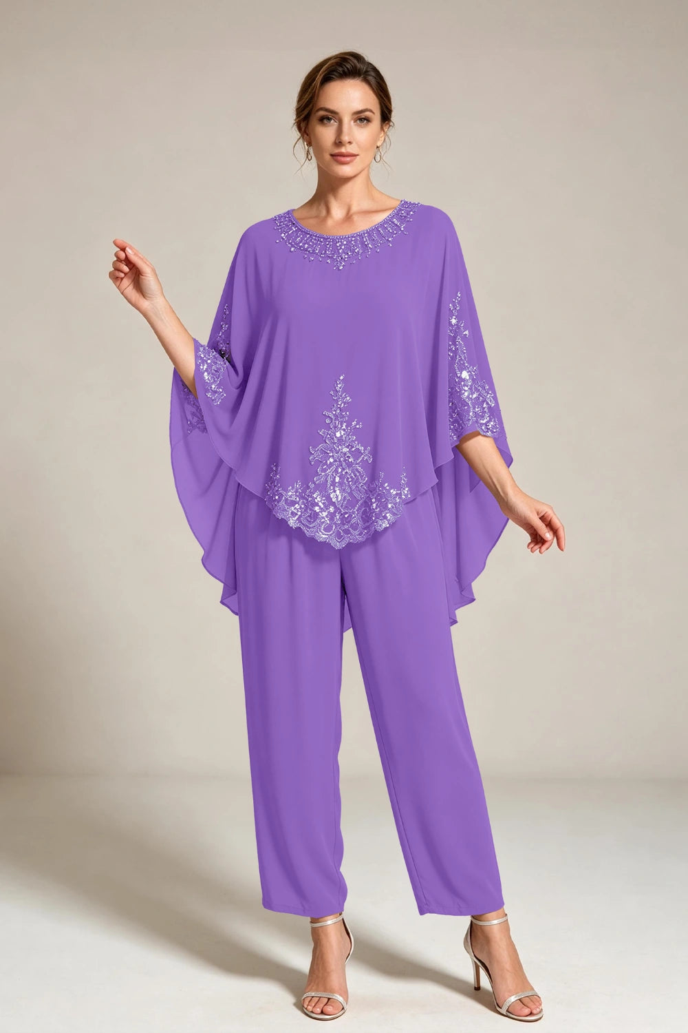 Beige Beaded-Lace Cape-Sleeve Chiffon Pant Suit