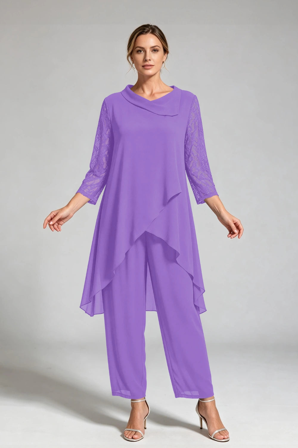 Peacock Blue Cowl Neck Lace Sleeve Chiffon Pant Suit