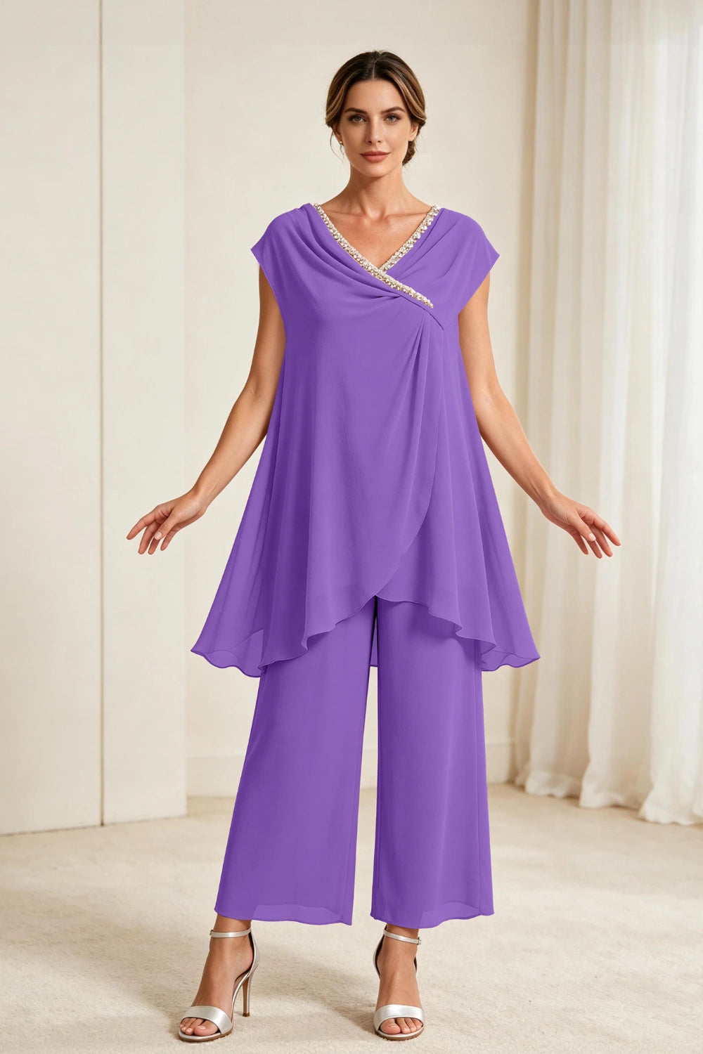 Dusty Rose Draped Asymmetric Chiffon Pant Suit