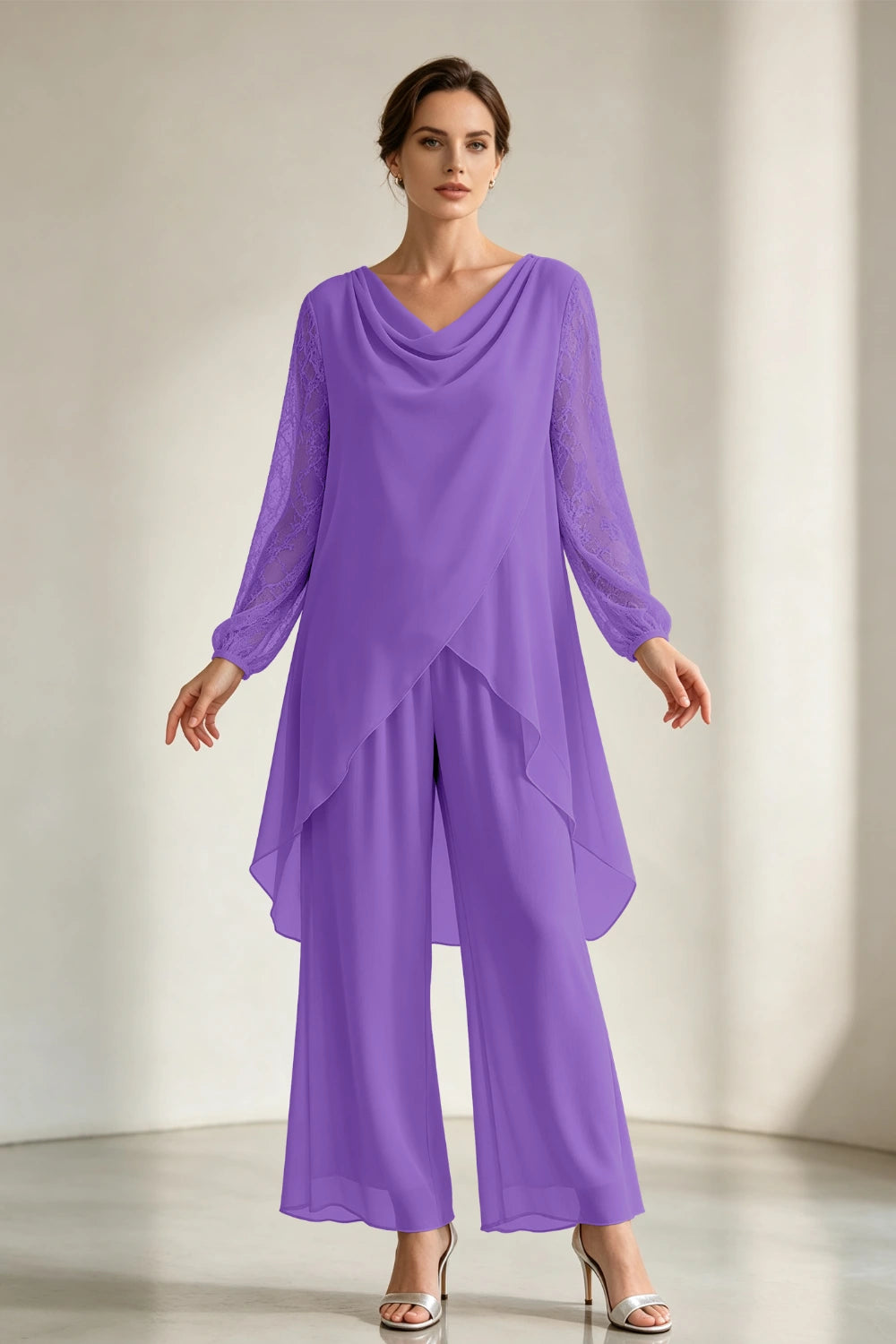 Champagne Draped Cowl Neck Chiffon Pant Suit