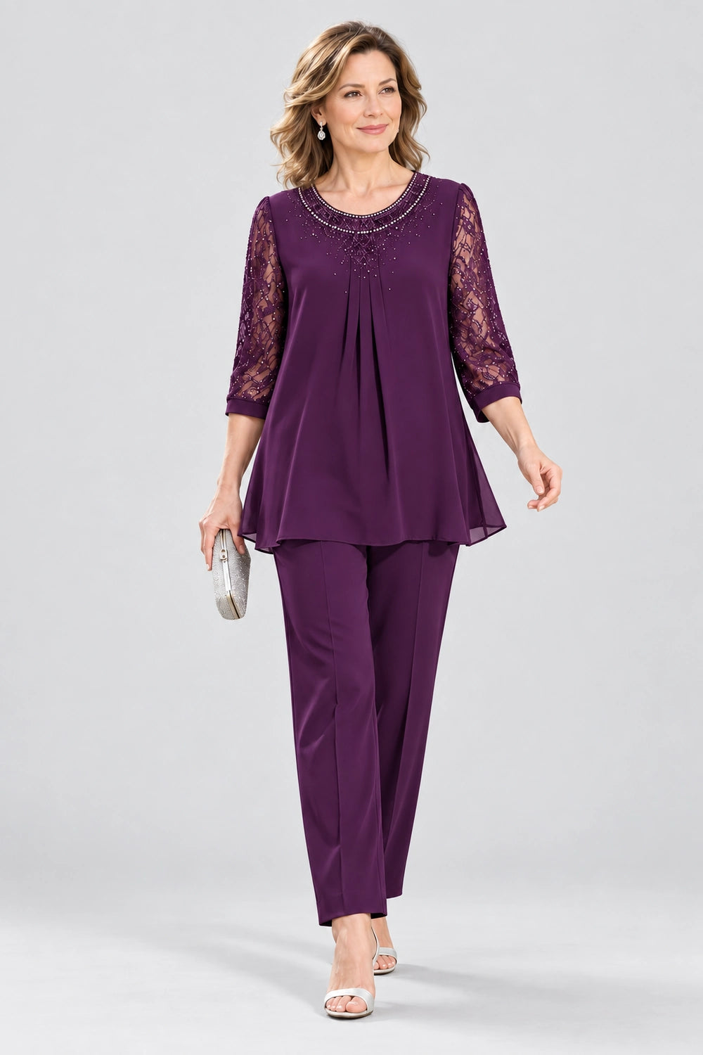 Beaded-Neck Lace-Sleeve Chiffon Pant Suit